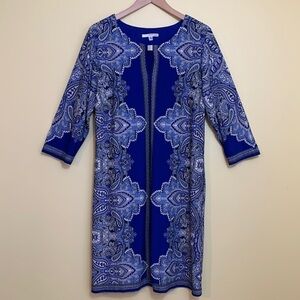 Studio One || Blue White 3/4 Sleeve Paisley Keyhole Shift Dress 12